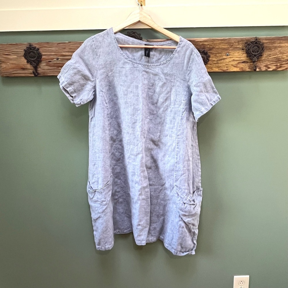 Focus Casual Life 100% Linen Blue Short Sleeve Pocket Shift Dress Small